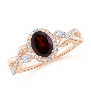 7x5mm A Oval Garnet Twisted Vine Ring with Diamond Halo in 9K Rose Gold