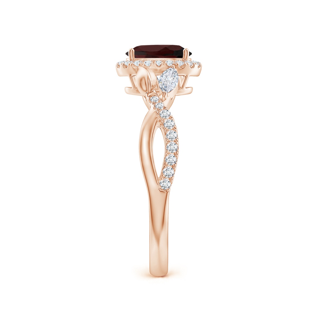 7x5mm A Oval Garnet Twisted Vine Ring with Diamond Halo in Rose Gold Side-2