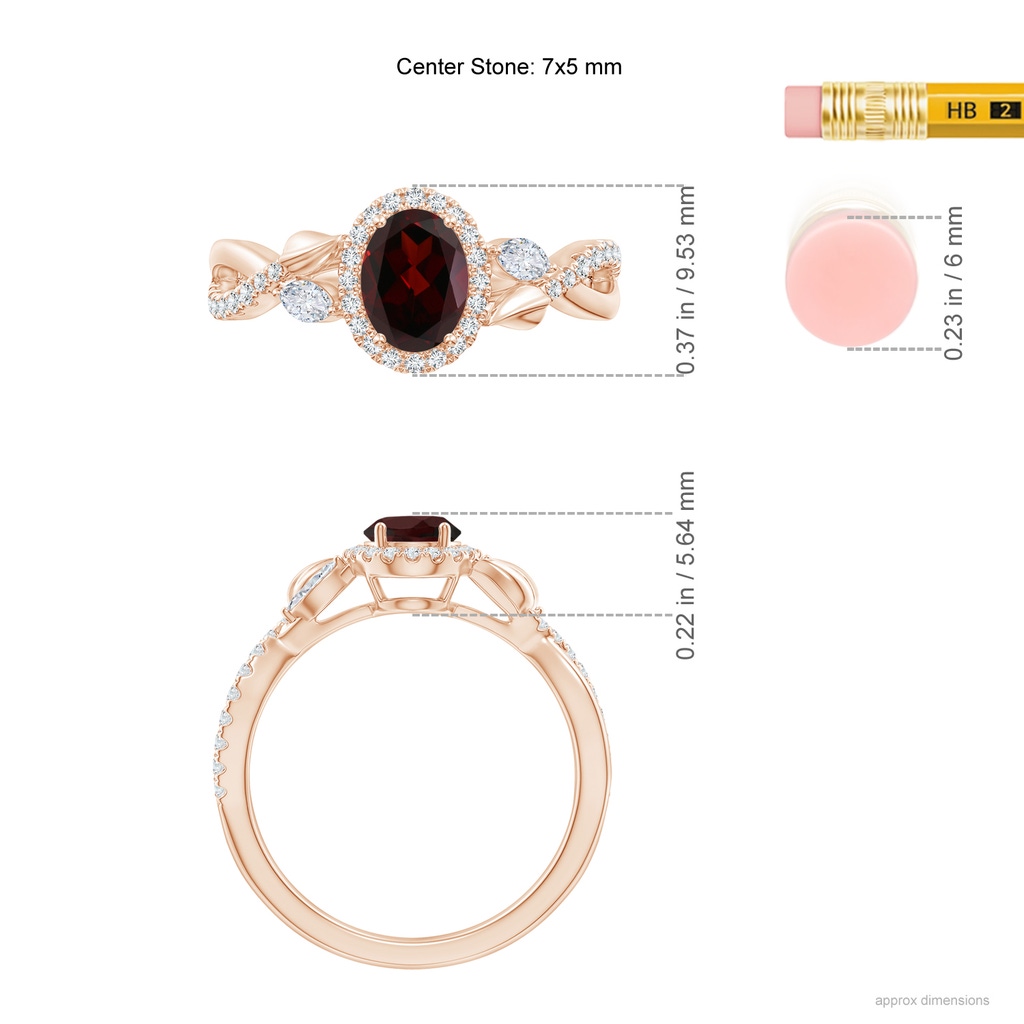 7x5mm A Oval Garnet Twisted Vine Ring with Diamond Halo in Rose Gold Ruler