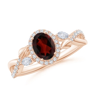 7x5mm AA Oval Garnet Twisted Vine Ring with Diamond Halo in 10K Rose Gold
