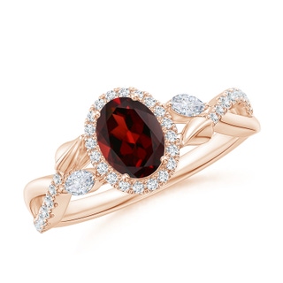 7x5mm AAA Oval Garnet Twisted Vine Ring with Diamond Halo in 10K Rose Gold
