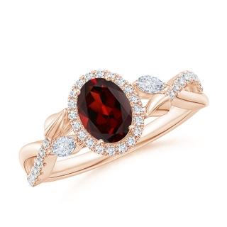 7x5mm AAA Oval Garnet Twisted Vine Ring with Diamond Halo in 9K Rose Gold