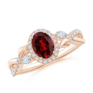7x5mm AAAA Oval Garnet Twisted Vine Ring with Diamond Halo in Rose Gold