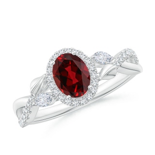 7x5mm AAAA Oval Garnet Twisted Vine Ring with Diamond Halo in White Gold
