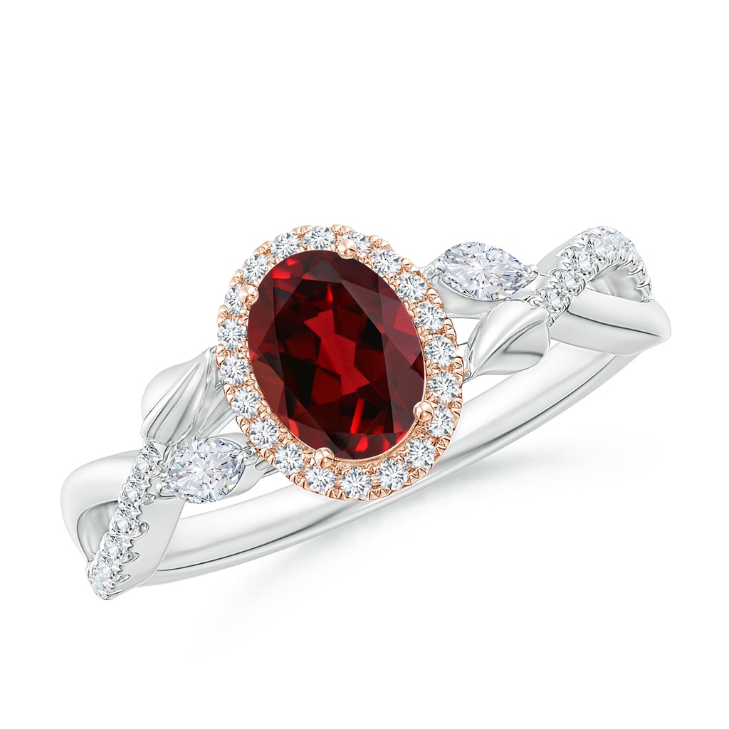 7x5mm AAAA Oval Garnet Twisted Vine Ring with Diamond Halo in White Gold Rose Gold