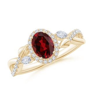 7x5mm AAAA Oval Garnet Twisted Vine Ring with Diamond Halo in Yellow Gold
