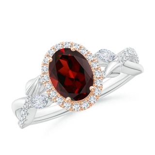 8x6mm AAA Oval Garnet Twisted Vine Ring with Diamond Halo in White Gold Rose Gold