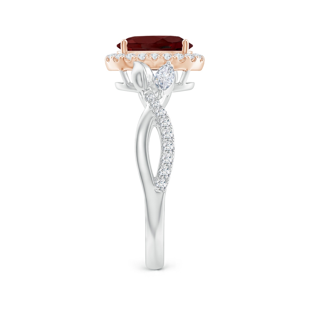 8x6mm AAA Oval Garnet Twisted Vine Ring with Diamond Halo in White Gold Rose Gold Side-2