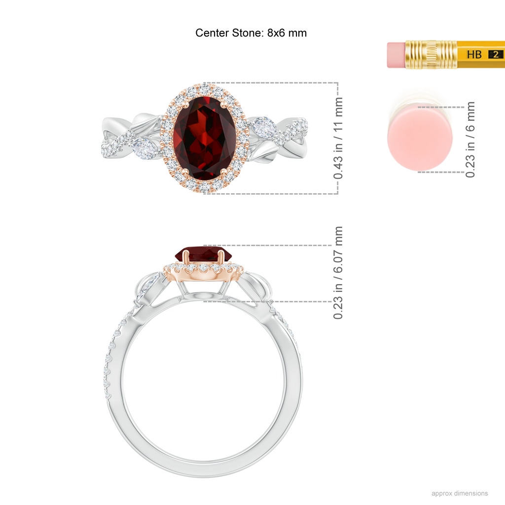 8x6mm AAA Oval Garnet Twisted Vine Ring with Diamond Halo in White Gold Rose Gold Ruler