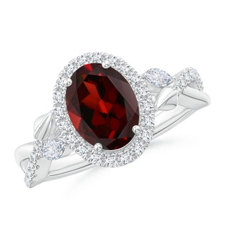 9x7mm AAA Oval Garnet Twisted Vine Ring with Diamond Halo in White Gold
