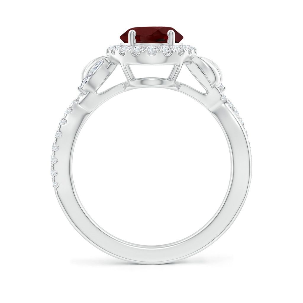 9x7mm AAA Oval Garnet Twisted Vine Ring with Diamond Halo in White Gold Side-1