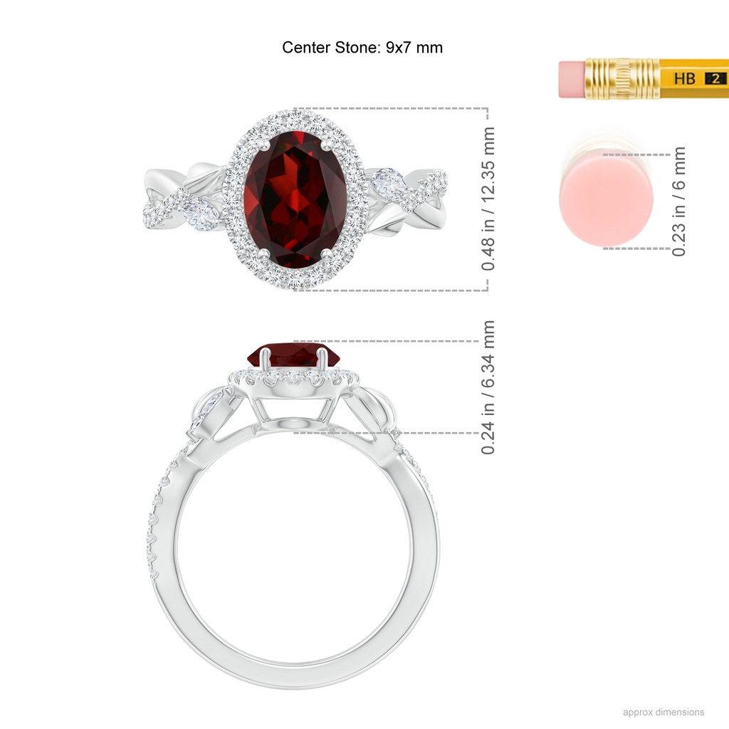 9x7mm AAA Oval Garnet Twisted Vine Ring with Diamond Halo in White Gold Ruler