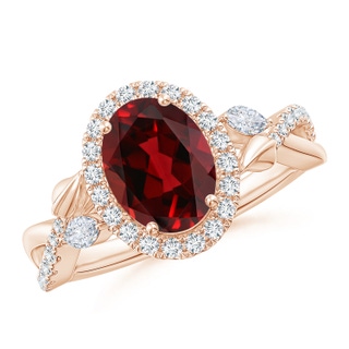 9x7mm AAAA Oval Garnet Twisted Vine Ring with Diamond Halo in Rose Gold