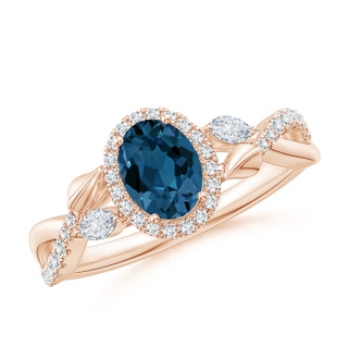 7x5mm AAA Oval London Blue Topaz Twisted Vine Ring with Diamond Halo in 9K Rose Gold