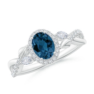 7x5mm AAA Oval London Blue Topaz Twisted Vine Ring with Diamond Halo in White Gold