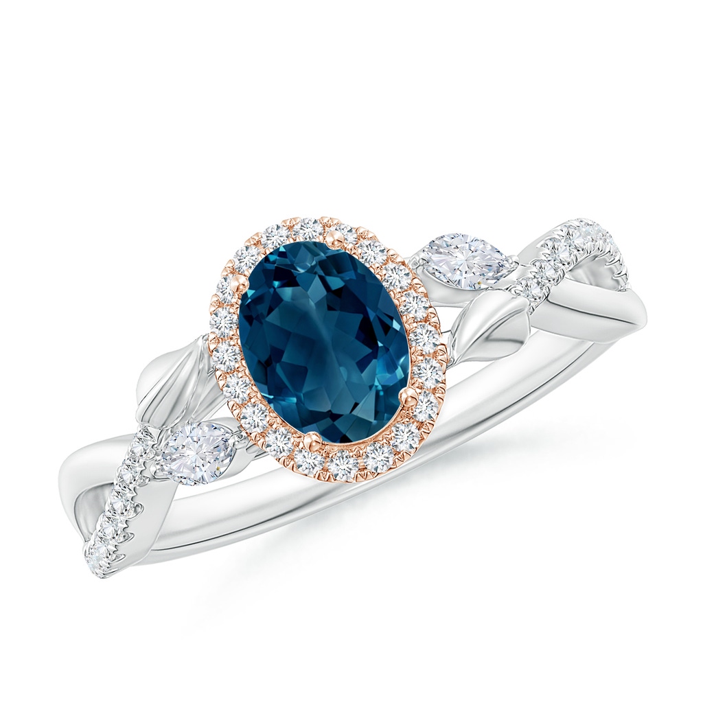 7x5mm AAAA Oval London Blue Topaz Twisted Vine Ring with Diamond Halo in White Gold Rose Gold
