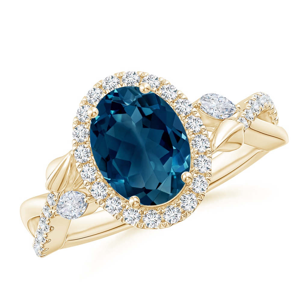 9x7mm AAAA Oval London Blue Topaz Twisted Vine Ring with Diamond Halo in Yellow Gold