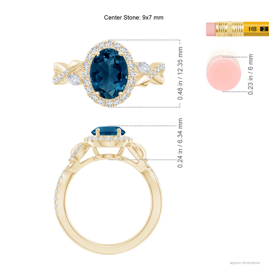 9x7mm AAAA Oval London Blue Topaz Twisted Vine Ring with Diamond Halo in Yellow Gold ruler