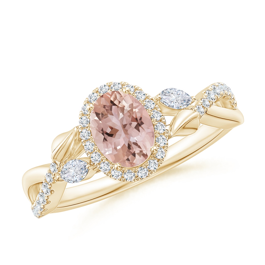 7x5mm AAA Oval Morganite Twisted Vine Ring with Diamond Halo in Yellow Gold