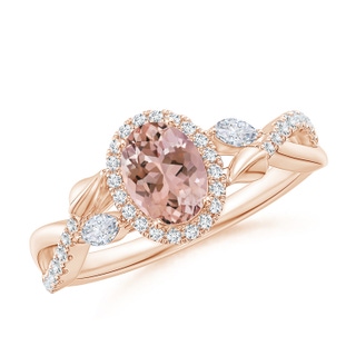 7x5mm AAAA Oval Morganite Twisted Vine Ring with Diamond Halo in 9K Rose Gold