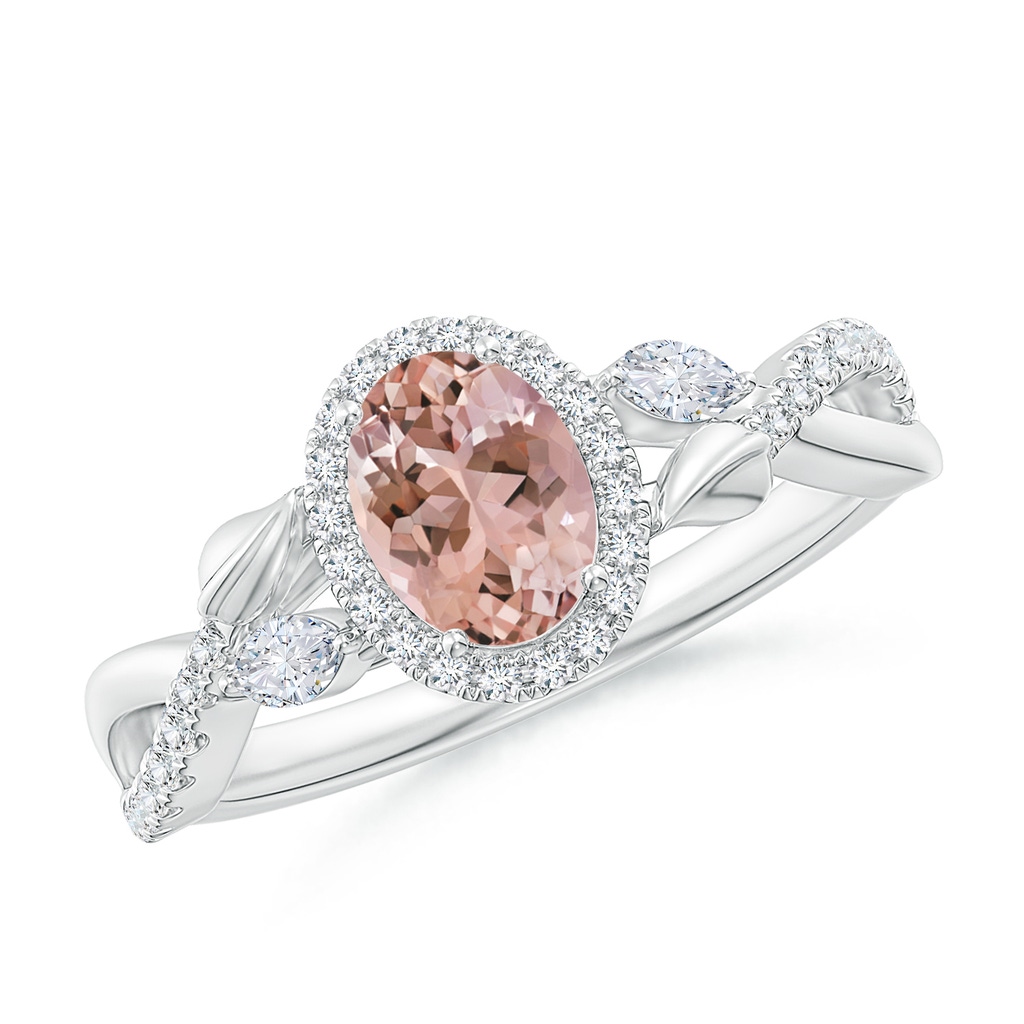 7x5mm AAAA Oval Morganite Twisted Vine Ring with Diamond Halo in White Gold