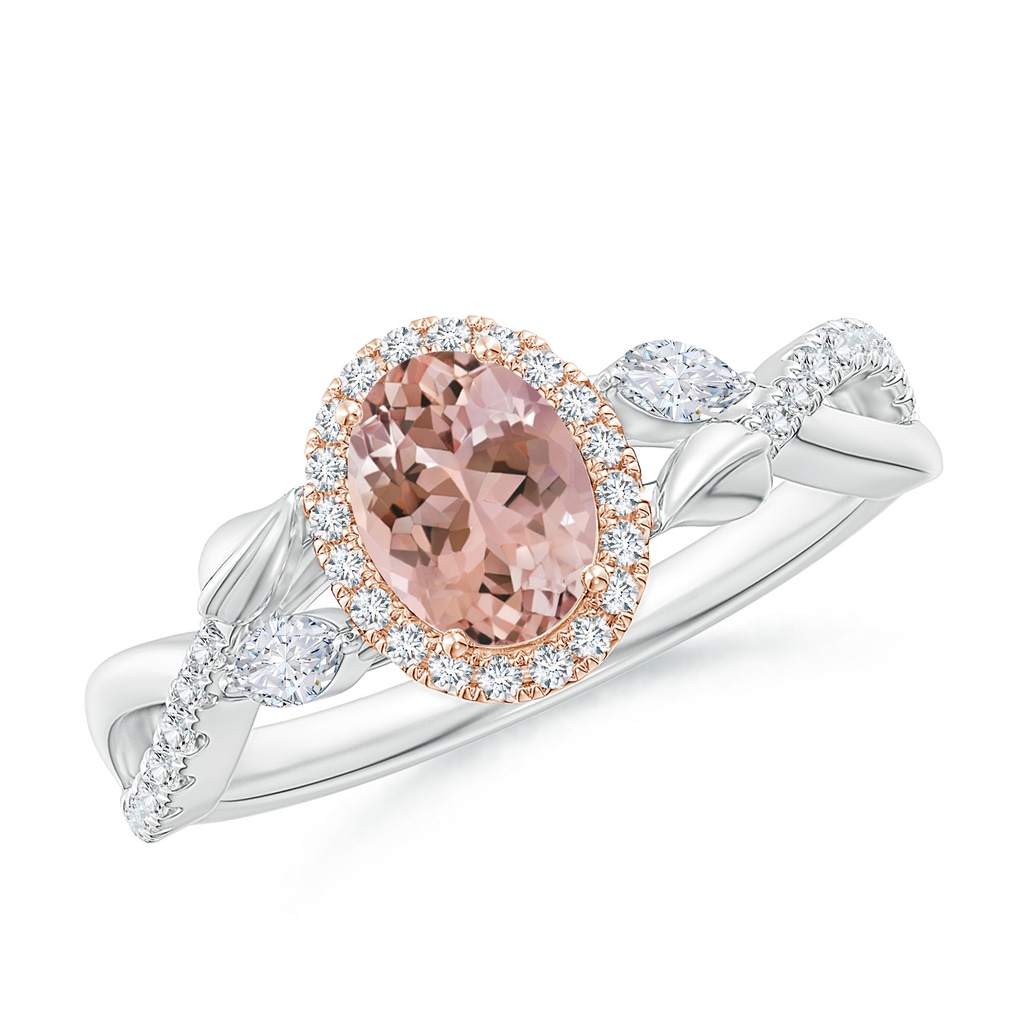 7x5mm AAAA Oval Morganite Twisted Vine Ring with Diamond Halo in White Gold Rose Gold