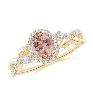 7x5mm AAAA Oval Morganite Twisted Vine Ring with Diamond Halo in Yellow Gold