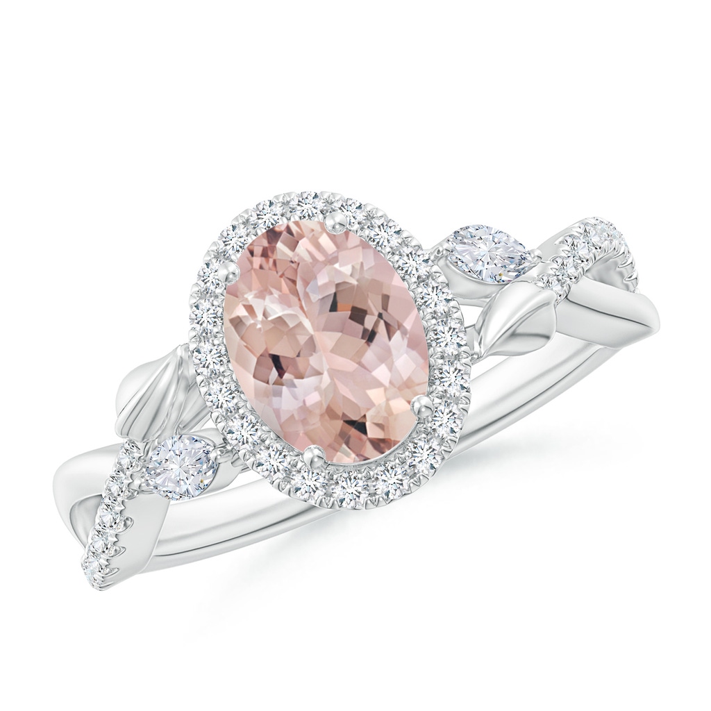 8x6mm AA Oval Morganite Twisted Vine Ring with Diamond Halo in White Gold