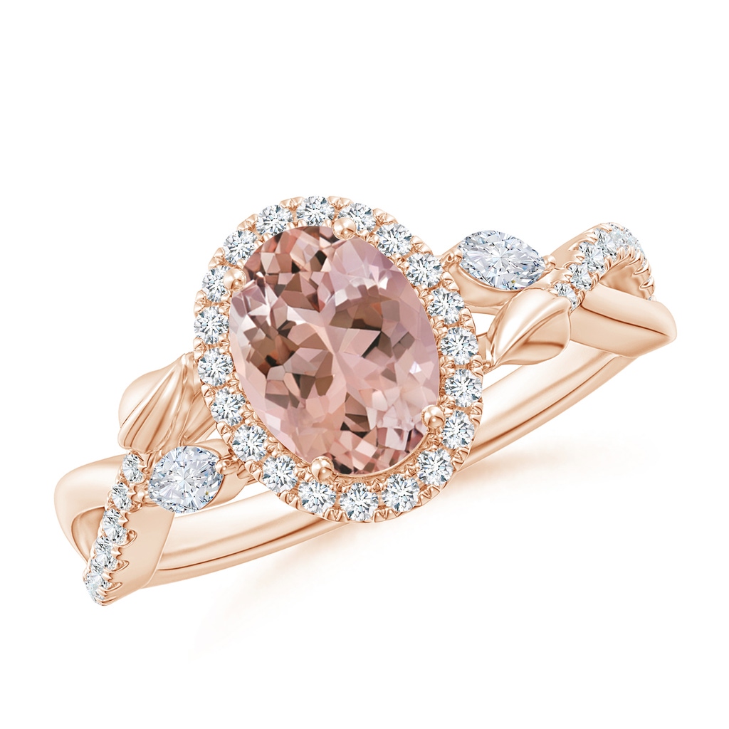 8x6mm AAAA Oval Morganite Twisted Vine Ring with Diamond Halo in Rose Gold