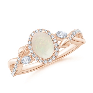 7x5mm A Oval Opal Twisted Vine Ring with Diamond Halo in Rose Gold