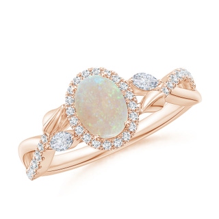 7x5mm AA Oval Opal Twisted Vine Ring with Diamond Halo in Rose Gold