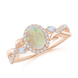 7x5mm AAA Oval Opal Twisted Vine Ring with Diamond Halo in Rose Gold