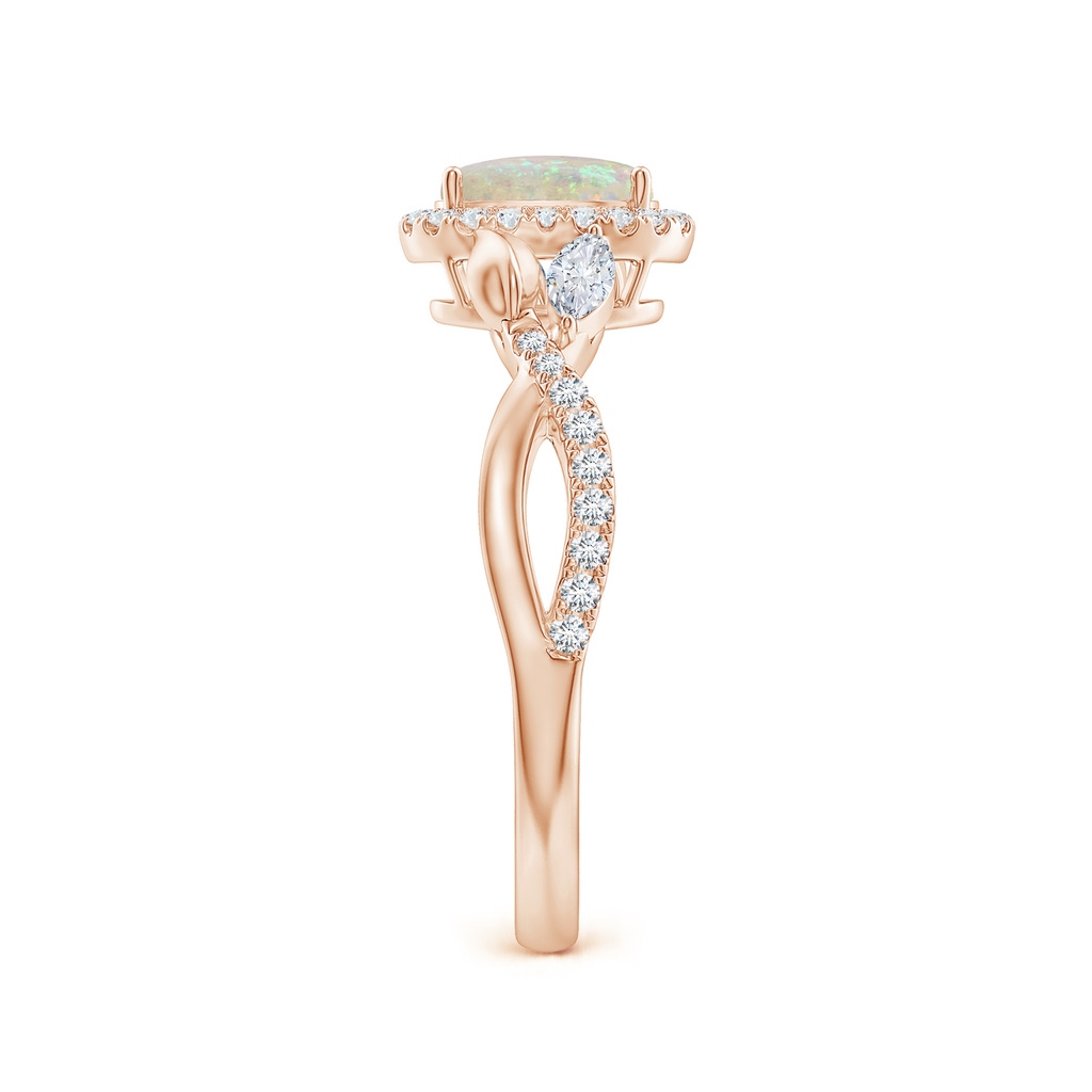7x5mm AAA Oval Opal Twisted Vine Ring with Diamond Halo in Rose Gold Side-2