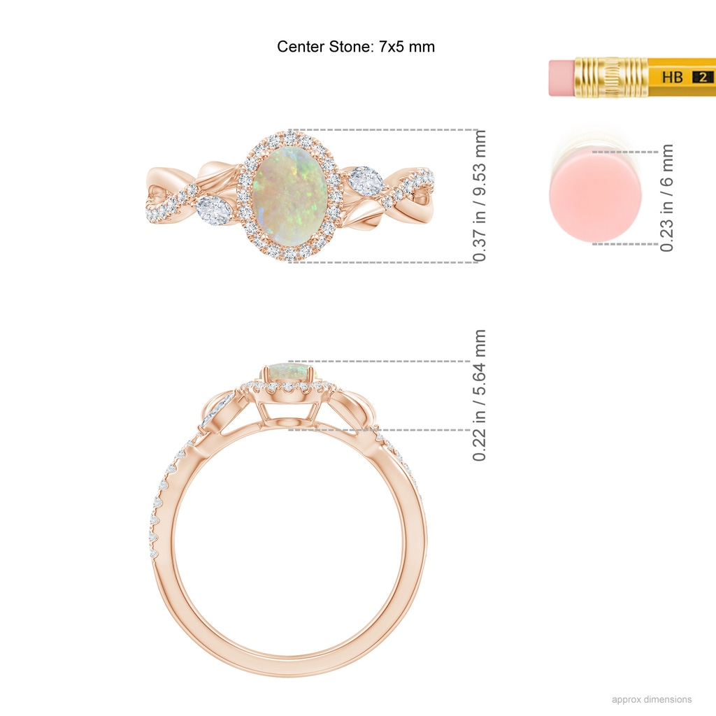 7x5mm AAA Oval Opal Twisted Vine Ring with Diamond Halo in Rose Gold Ruler
