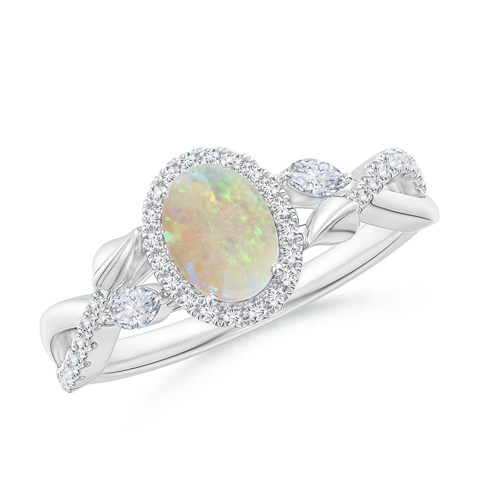 7x5mm AAA Oval Opal Twisted Vine Ring with Diamond Halo in White Gold 