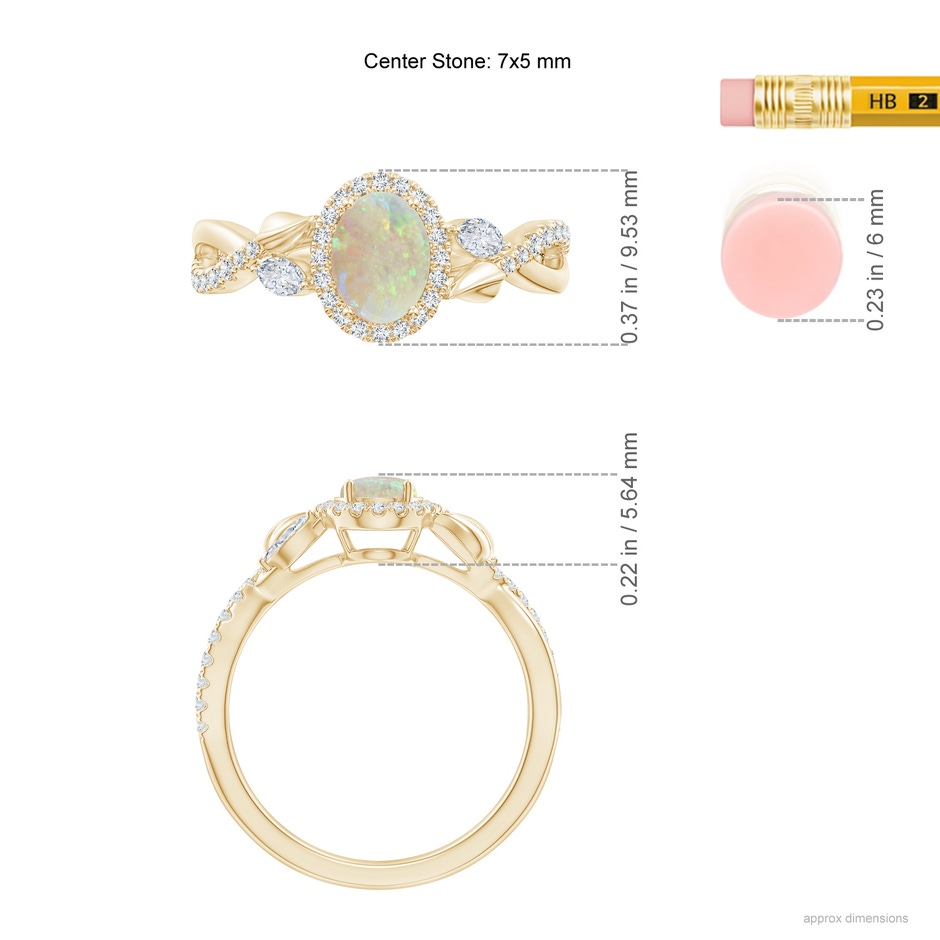 7x5mm AAA Oval Opal Twisted Vine Ring with Diamond Halo in Yellow Gold ruler