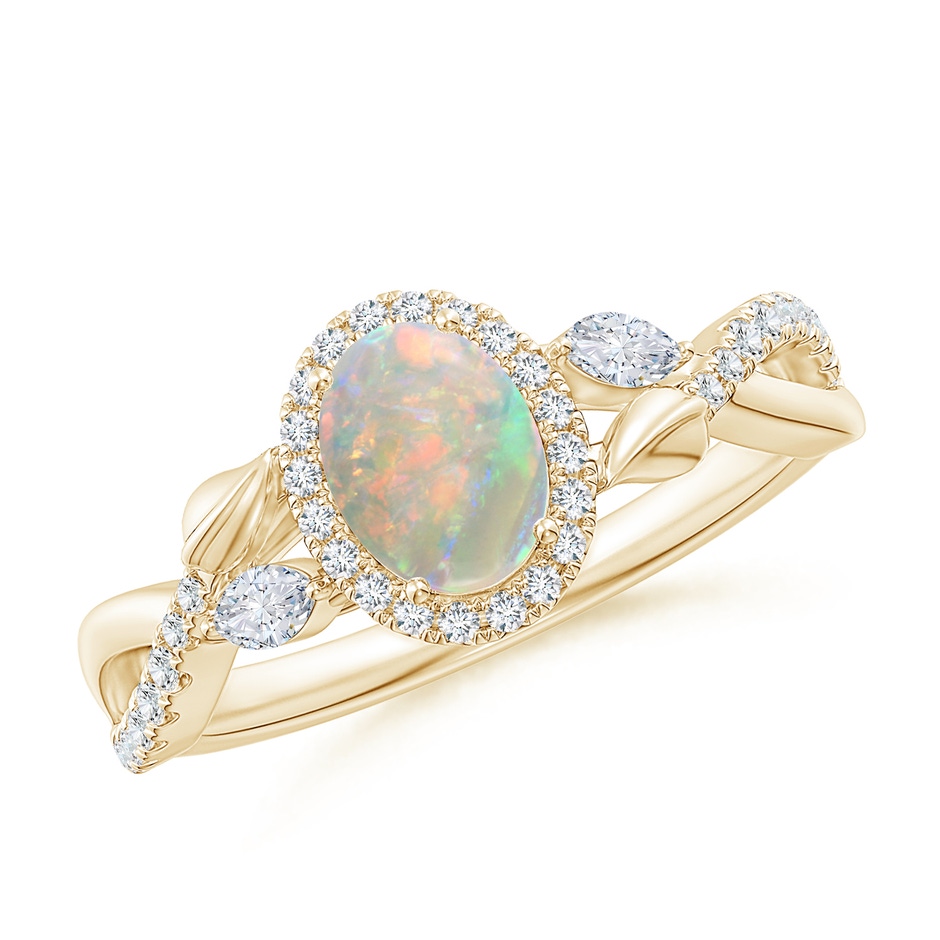7x5mm AAAA Oval Opal Twisted Vine Ring with Diamond Halo in 9K Yellow Gold 