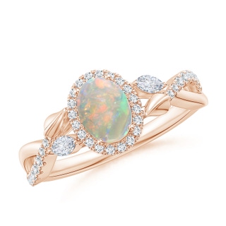 7x5mm AAAA Oval Opal Twisted Vine Ring with Diamond Halo in Rose Gold