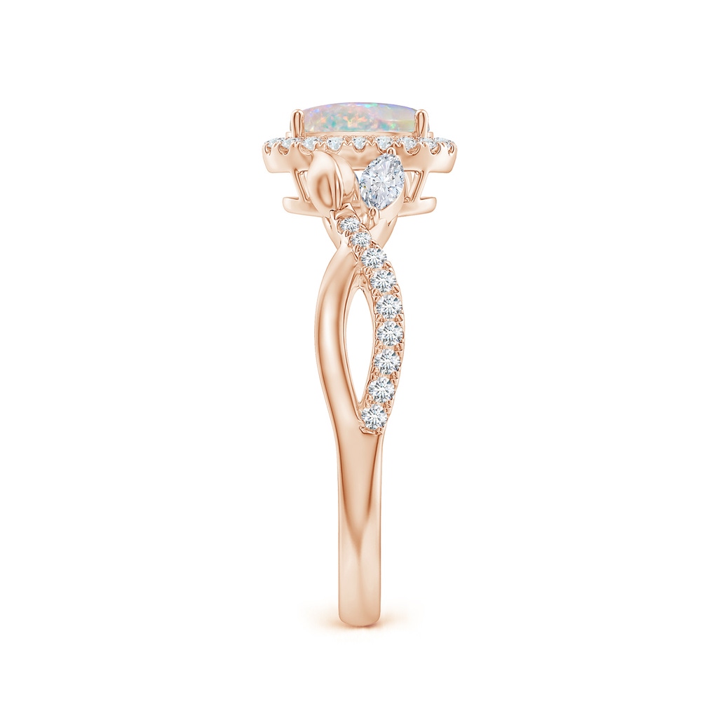 7x5mm AAAA Oval Opal Twisted Vine Ring with Diamond Halo in Rose Gold Side-2