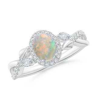 7x5mm AAAA Oval Opal Twisted Vine Ring with Diamond Halo in White Gold