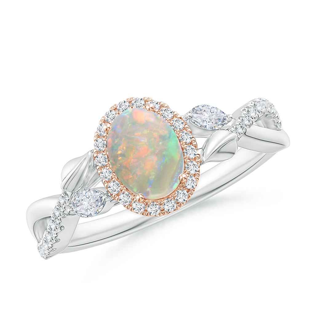 7x5mm AAAA Oval Opal Twisted Vine Ring with Diamond Halo in White Gold Rose Gold