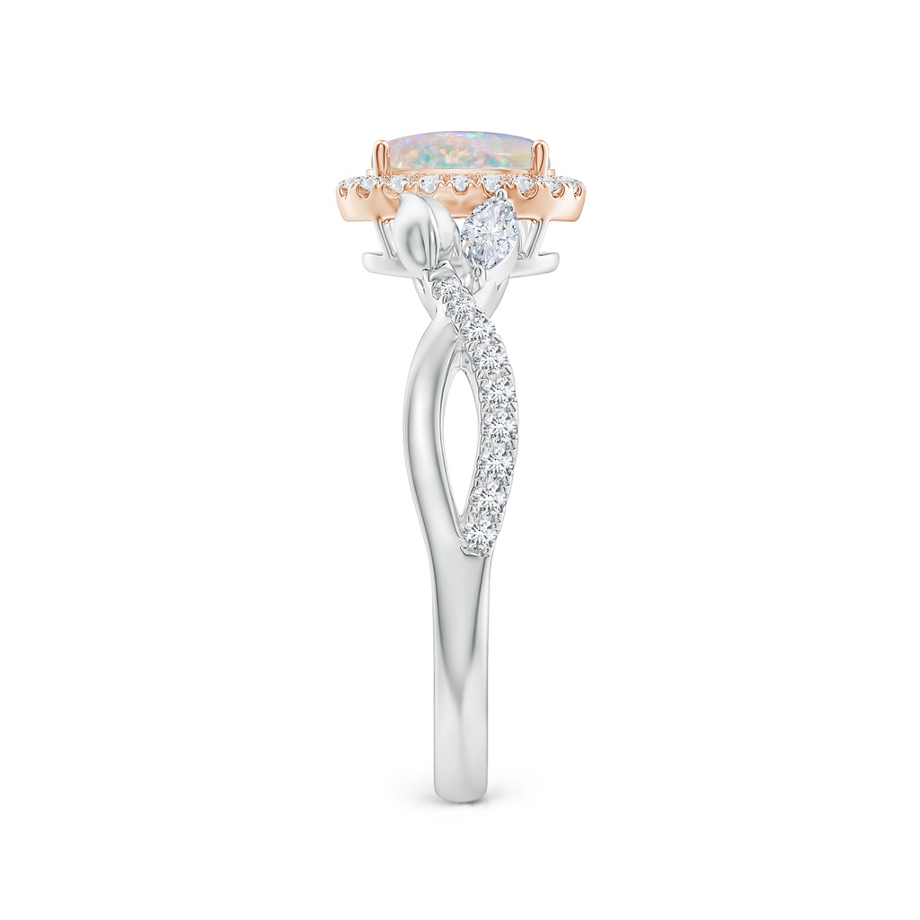 7x5mm AAAA Oval Opal Twisted Vine Ring with Diamond Halo in White Gold Rose Gold Side-2