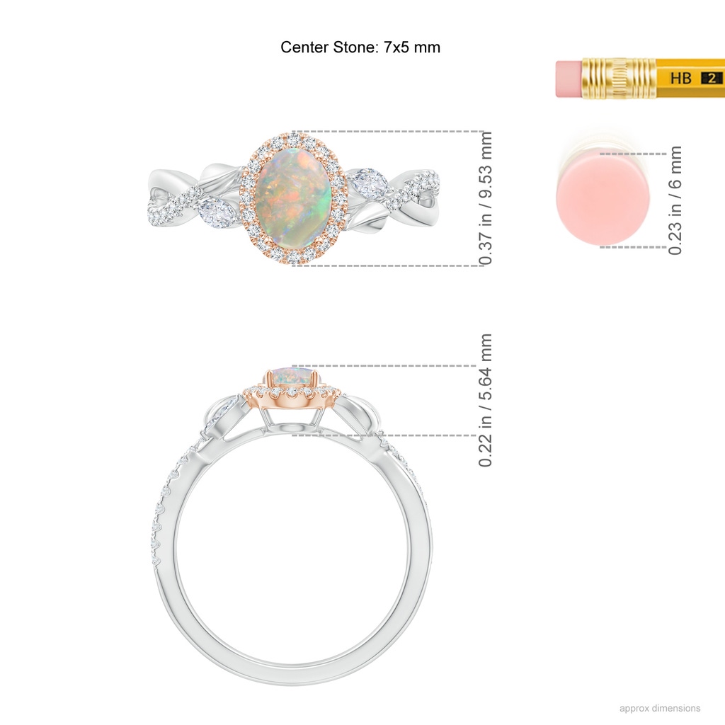 7x5mm AAAA Oval Opal Twisted Vine Ring with Diamond Halo in White Gold Rose Gold Ruler