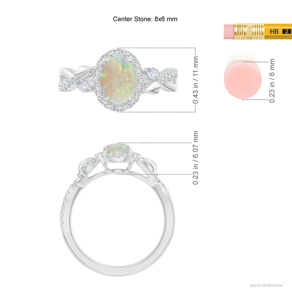 8x6mm AAA Oval Opal Twisted Vine Ring with Diamond Halo in White Gold ruler