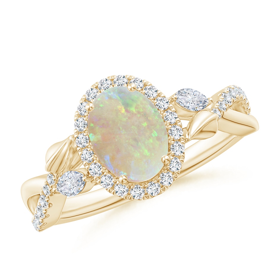 8x6mm AAA Oval Opal Twisted Vine Ring with Diamond Halo in Yellow Gold 