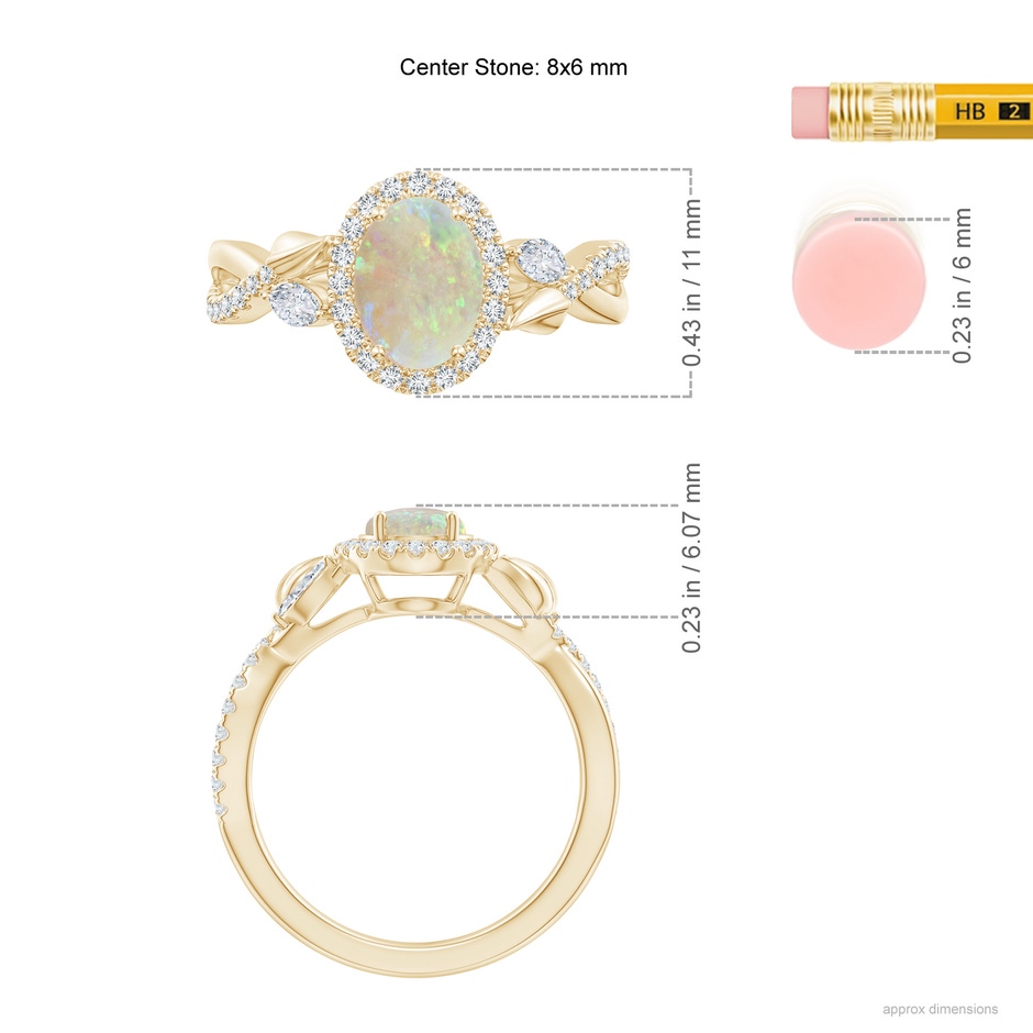 8x6mm AAA Oval Opal Twisted Vine Ring with Diamond Halo in Yellow Gold ruler