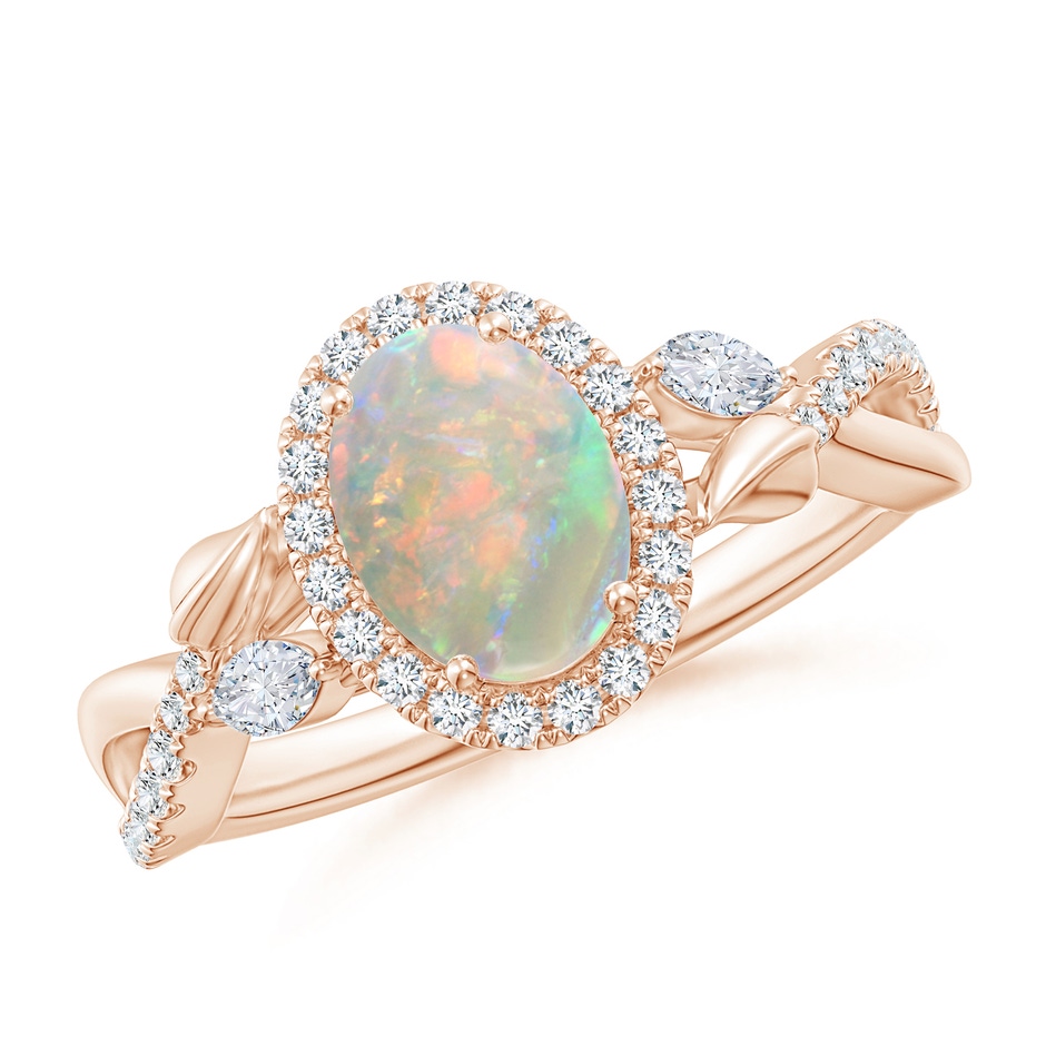 8x6mm AAAA Oval Opal Twisted Vine Ring with Diamond Halo in Rose Gold 