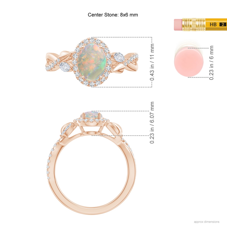 8x6mm AAAA Oval Opal Twisted Vine Ring with Diamond Halo in Rose Gold ruler