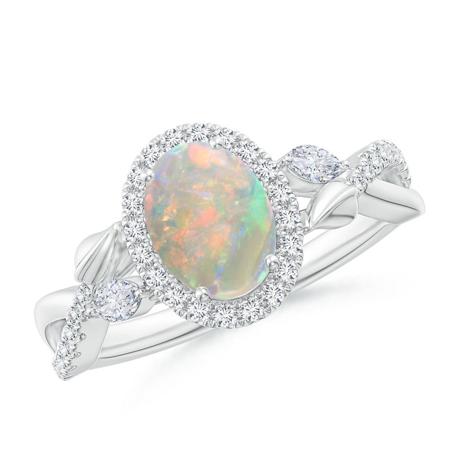 8x6mm AAAA Oval Opal Twisted Vine Ring with Diamond Halo in White Gold 