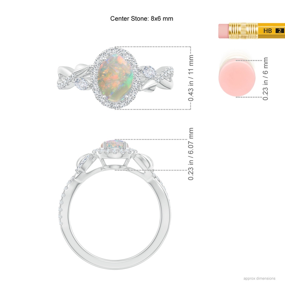 8x6mm AAAA Oval Opal Twisted Vine Ring with Diamond Halo in White Gold ruler